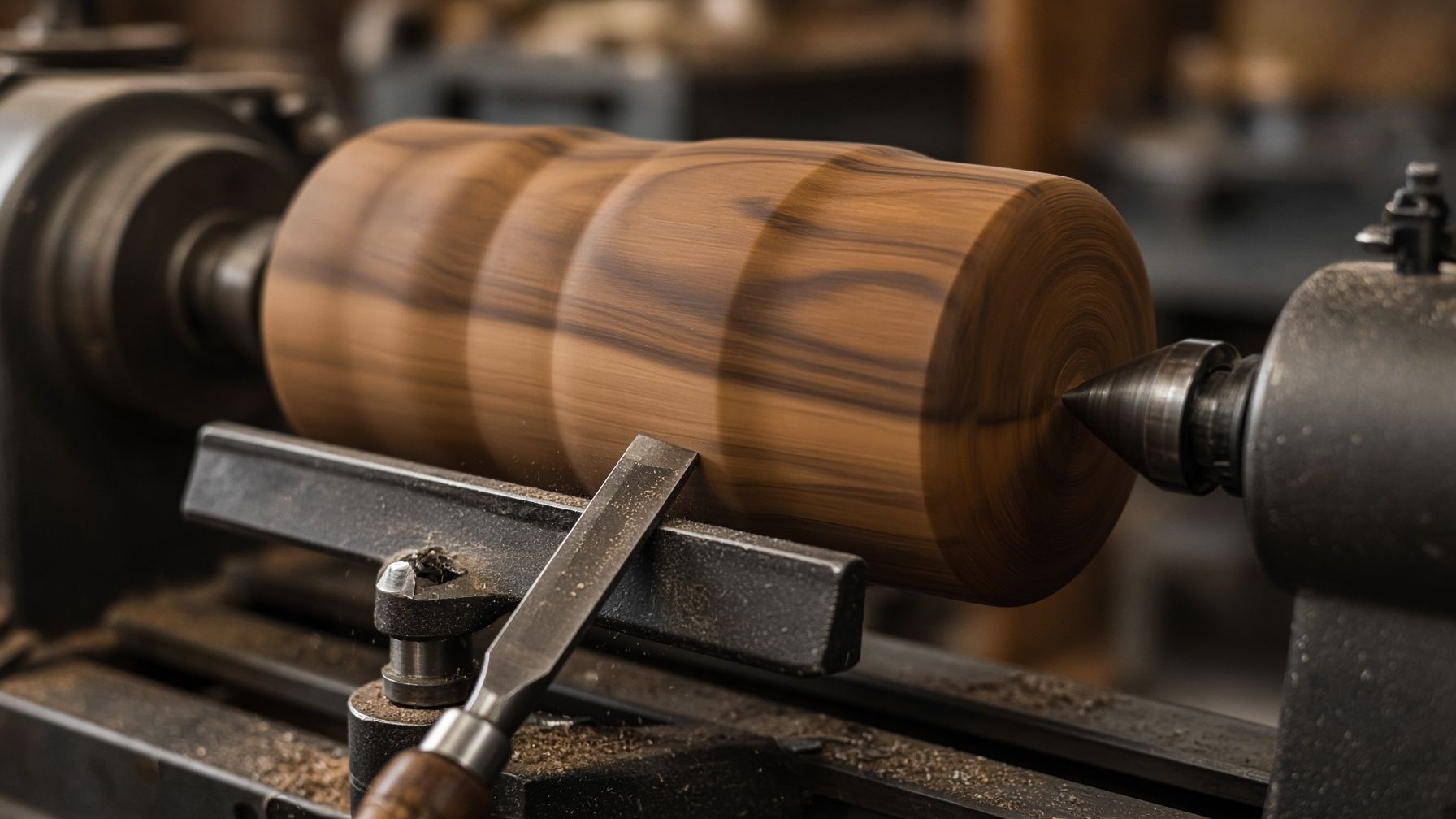 A walnut blank spinning on the lathe, chisel resting on the tool rest in the foreground